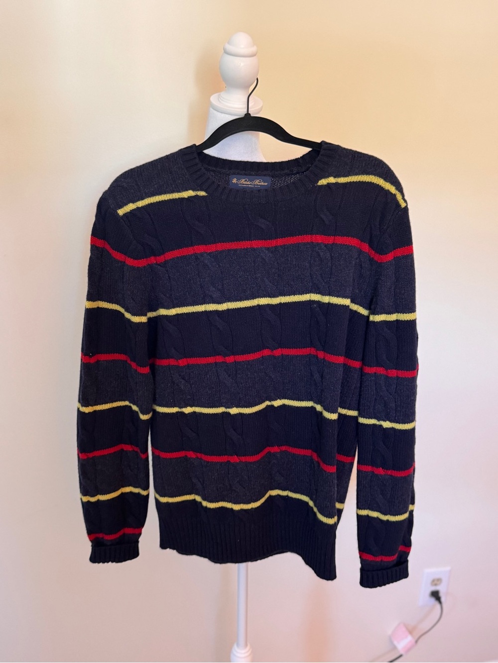 Brooks Brothers Navy Sweater with Red and Yellow Stripes